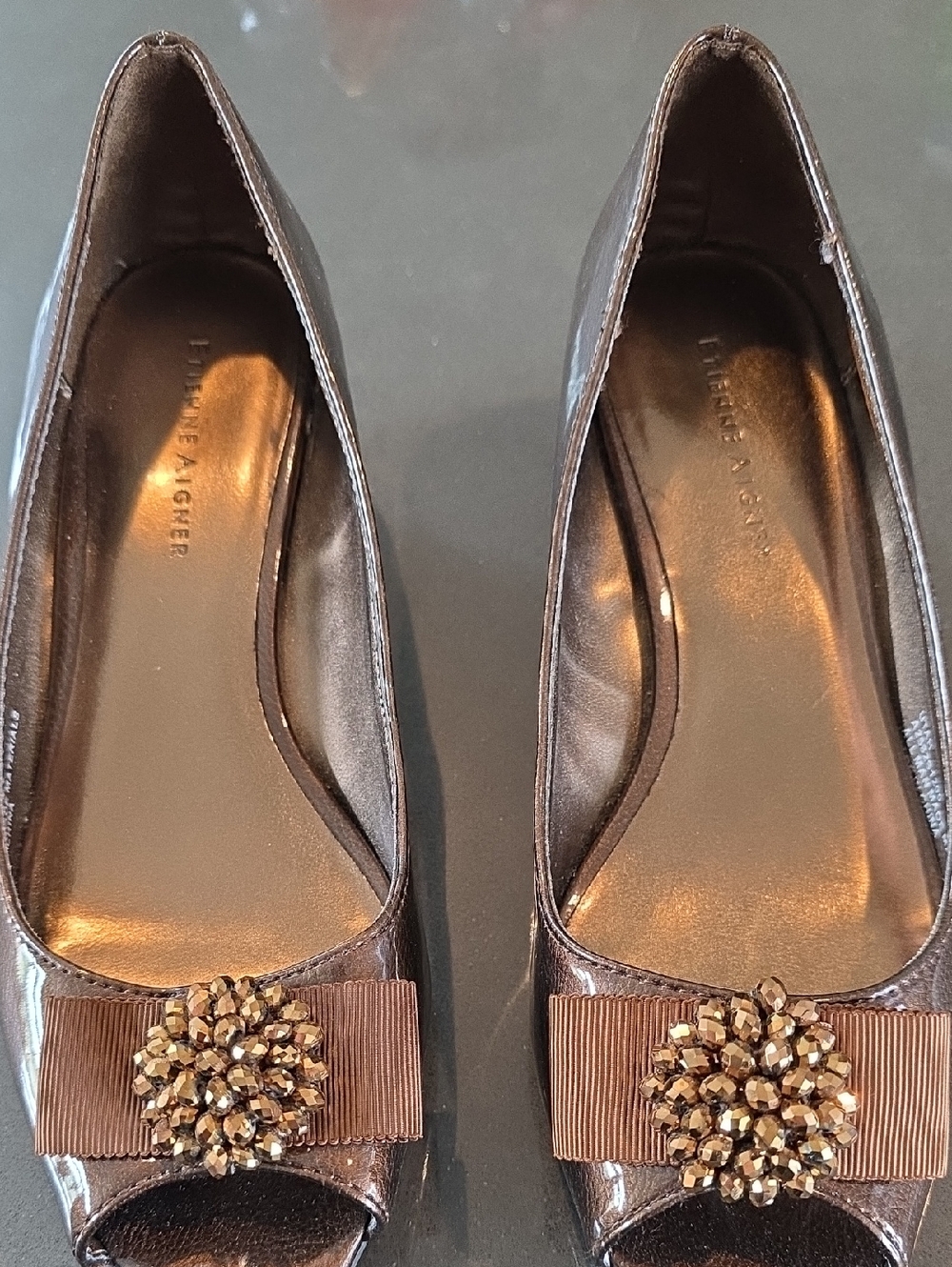 Etienne Aigner Brown Peep-Toe Heels with Jeweled Grosgrain Bow